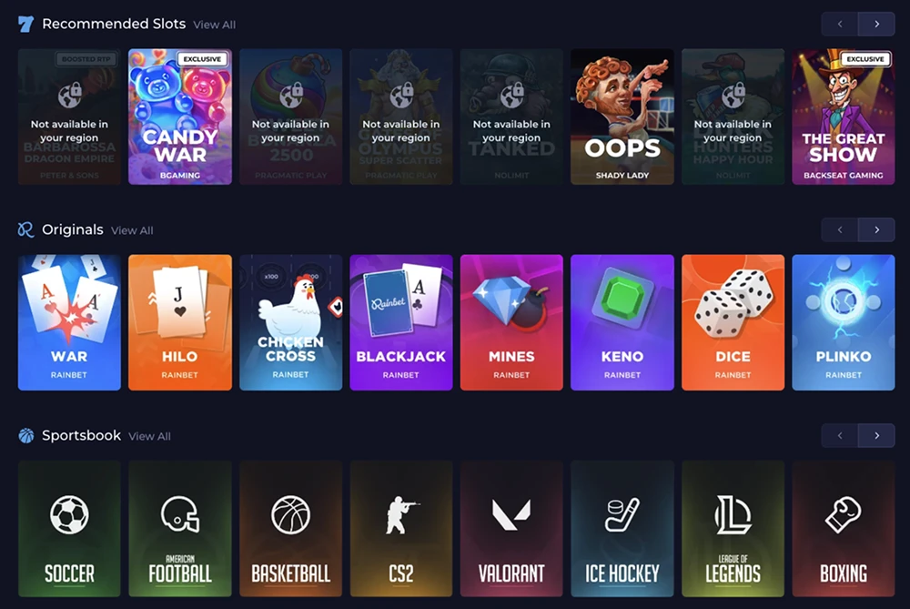 Rainbet casino games and Originals lobby