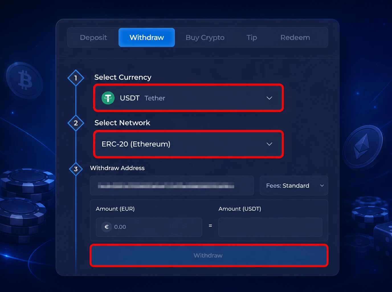 Rainbet crypto payment and withdrawal screen