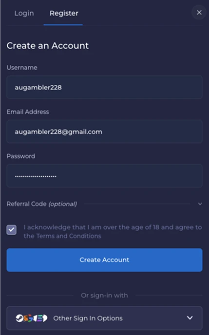 Rainbet registration screen